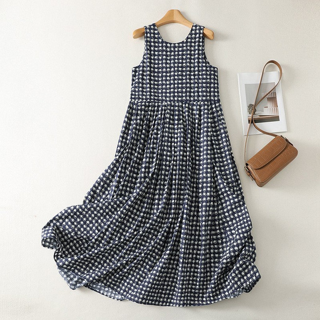 WIHOLL 여성 빅사이즈 체크 나시 원피스 루즈핏 여름 캐주얼 데일리룩