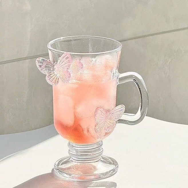 MorningSea 정교하고 아름답다 귀여운 나비 예쁜 머그컵 우유컵 특이한술잔 고블렛잔, 투명색A, 1개