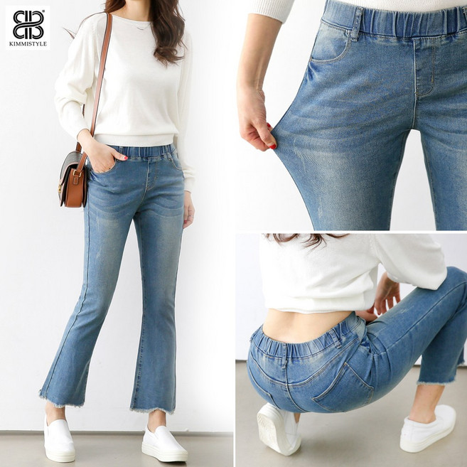 킴미스타일 여성 스판 밴딩 부츠컷 여자 청바지 워싱 데님 팬츠 밑단 언발란스 스타일 밑위 긴 청바지