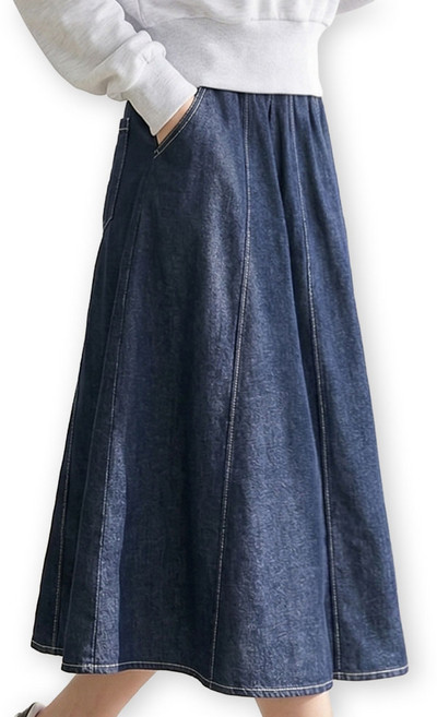메리앤유 세로 절개 청 데님 밴딩 플레어 스커트 여성 A라인 롱 치마