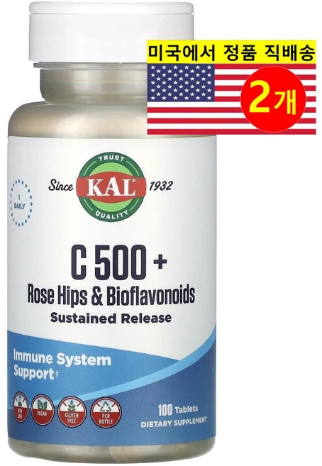 KAL 비타민 C 500mg 로즈힙 바이오플라보노이드 함유 Vitamin C, 2개, 100정 - 쿠팡