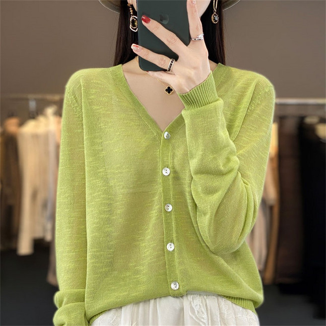 리치언니 여성용 심플한 패션코디 가벼운 통기성 좋은 고급스러운 여름 얇은 브이넥 긴팔 니트 가디건