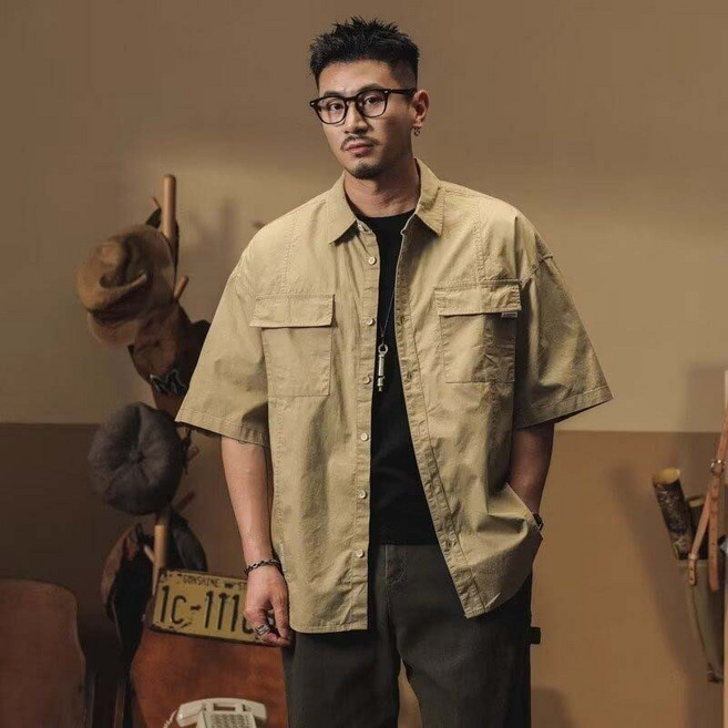 BIKASU 남자 여름 반팔 셔츠 캐주얼 더블 포켓 남방 빅사이즈 루즈핏 카라 워크셔츠