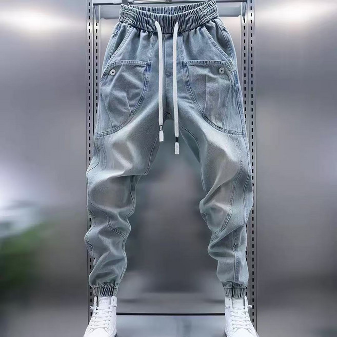 십전십미 빈티지 카고 청바지 포켓 와이드 조거 배기 바지 남자 밴딩 스트링 바지