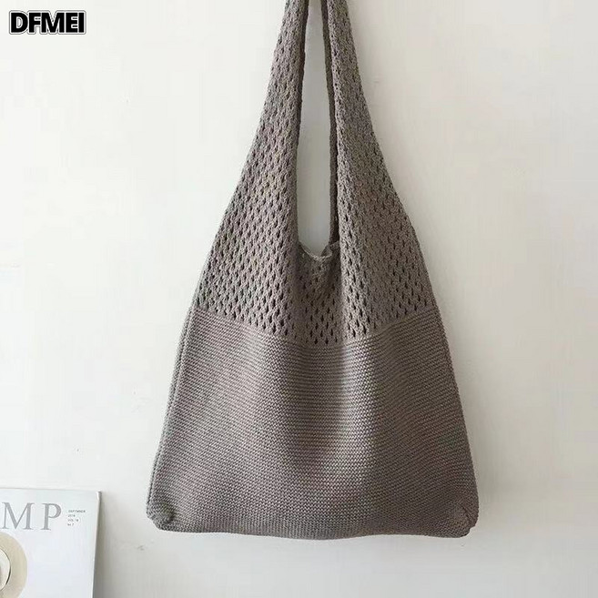 DFMEI 秋冬包包百搭編織斜挎針織純色手提包通勤大容量水桶包, 灰色