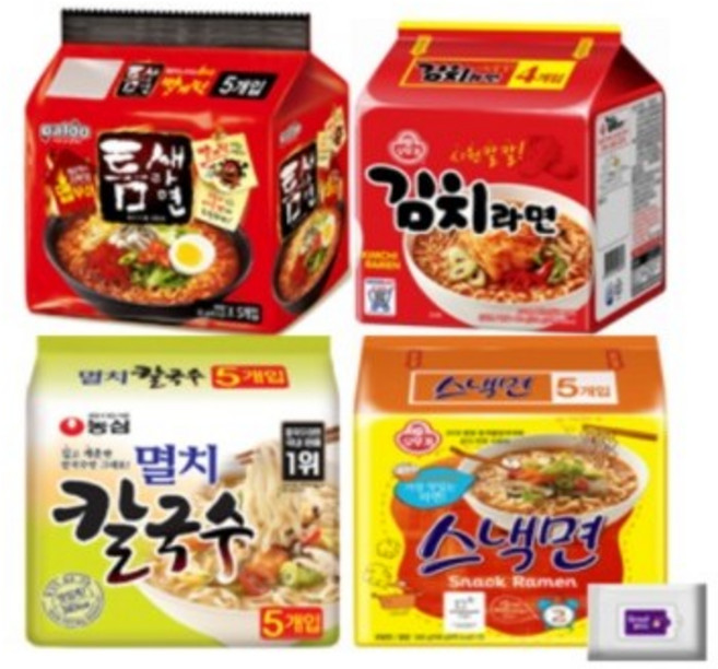 틈새라면5개+멸치칼국수5개+스낵면5개+김치라면4개+그레잇물티슈(10매), 1세트