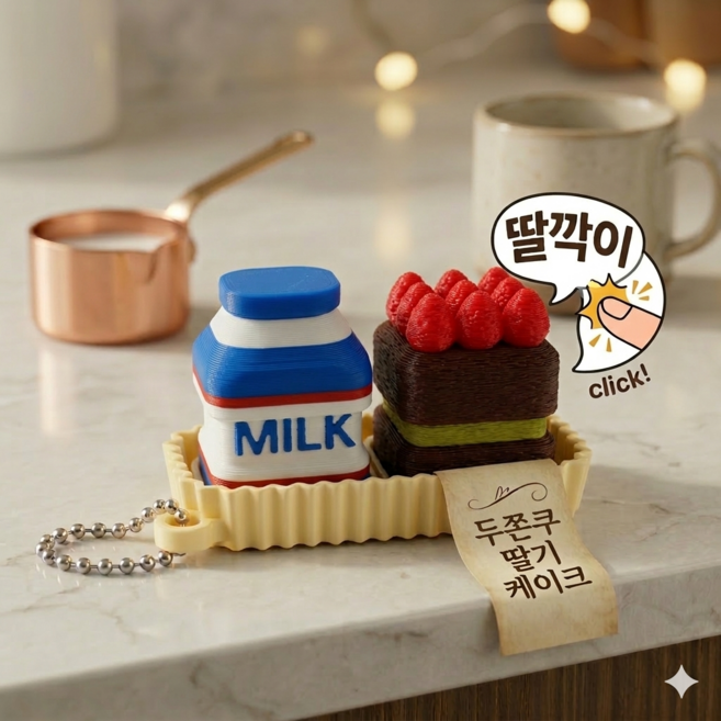 두쫀쿠/딸기 케이크 + 우유/커피 키캡 딸깍이 키링, 1개, 두쫀쿠 딸기 케이크 + 우유