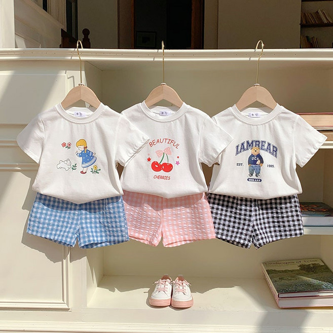 마이슈마켓 유아 반팔 상하세트 아동 여름상하복 체크바지 어린이집 등원룩