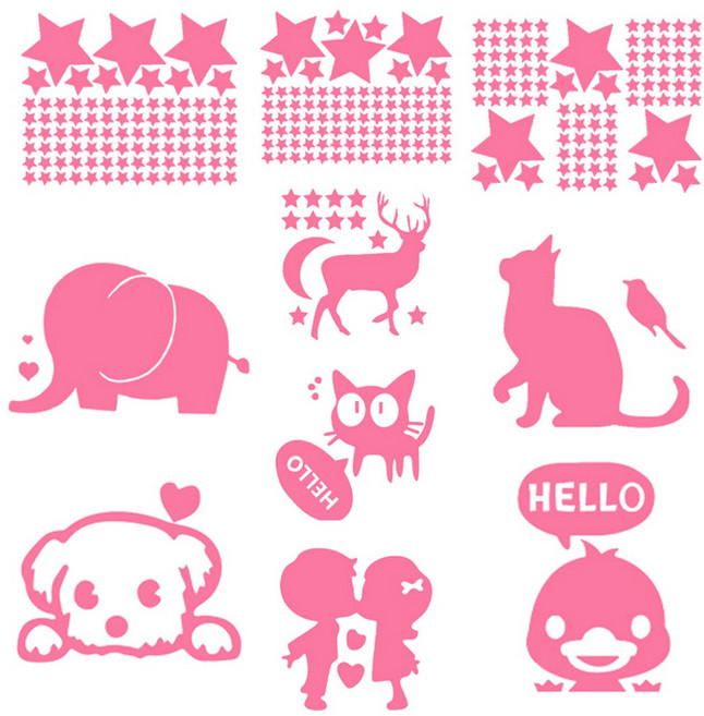 10p 야광 스티커 세트 인테리어 포인트 별 별자리 캐릭터 우주 붙이는 방 꾸미기 데코 원룸 벽 욕실 천정 벽지 창문 천장, R99681P(야광 캐릭터 스티커, 핑크, 10장