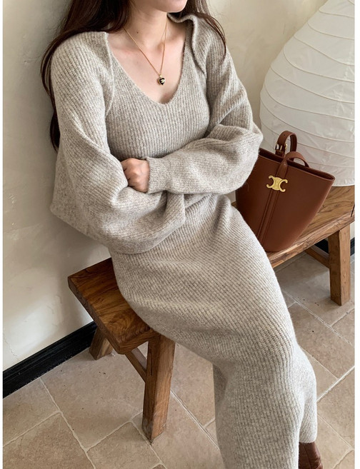 루어스룸 바몬트 니트 볼레로세트 브이넥원피스+가디건 니트(2color)