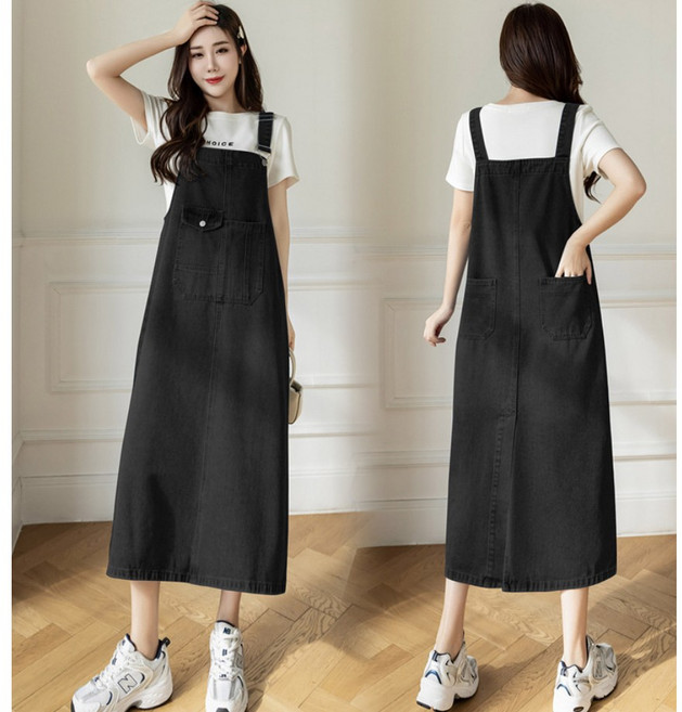 여성 캐주얼 뒷트임 포켓 데님 멜빵 원피스