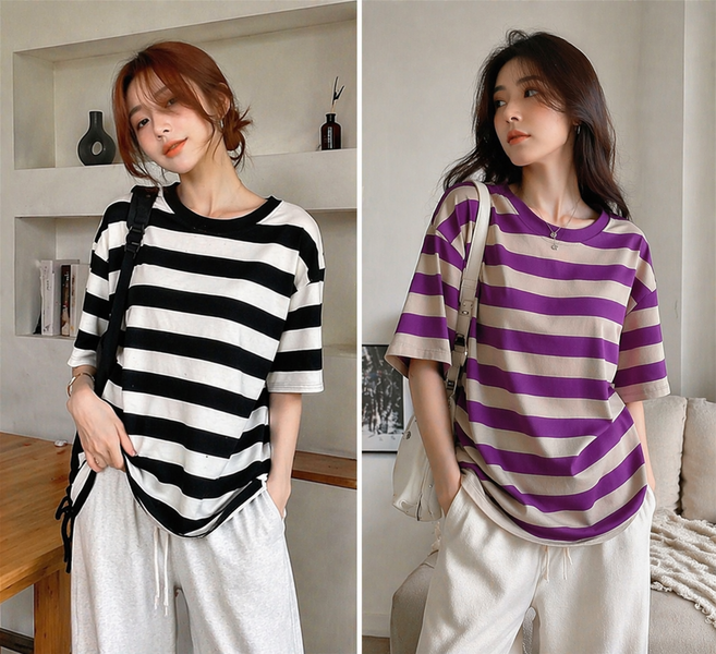 마리샵 여성 스트라이프 오버핏 반팔 티셔츠 루즈핏 여름 캐주얼 티
