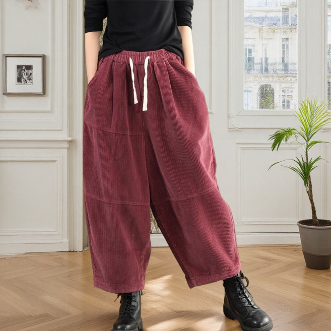 여성용 가을 겨울 빅사이즈 코듀로이 팬츠 밴딩 따뜻한 배기바지