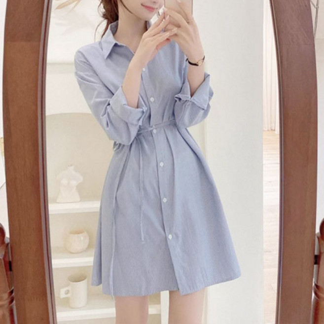 온율 여성 긴팔 셔츠원피스 허리스트랩 슬림핏 미니 데일리 원피스