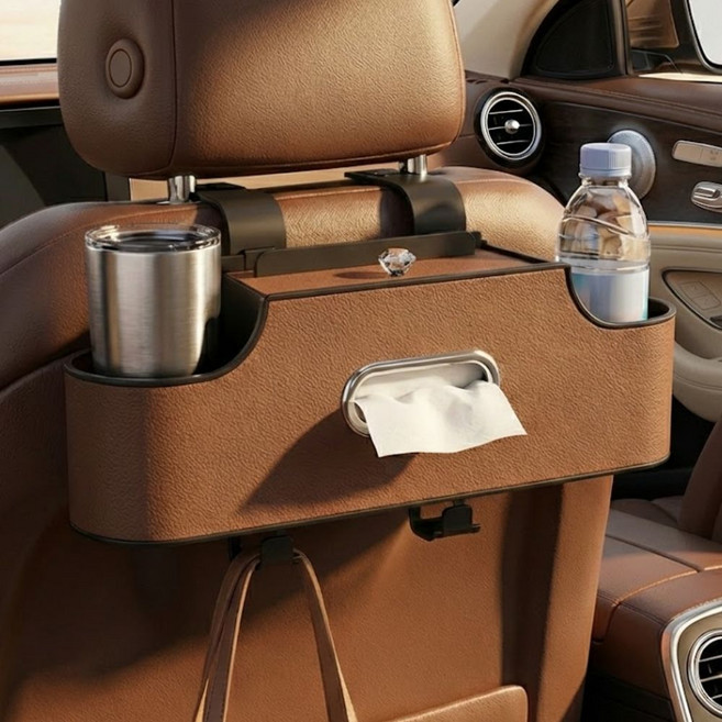 차량용 뒷좌석 멀티 수납함 컵홀더 트레이 2구 걸이형, 브라운, 1개