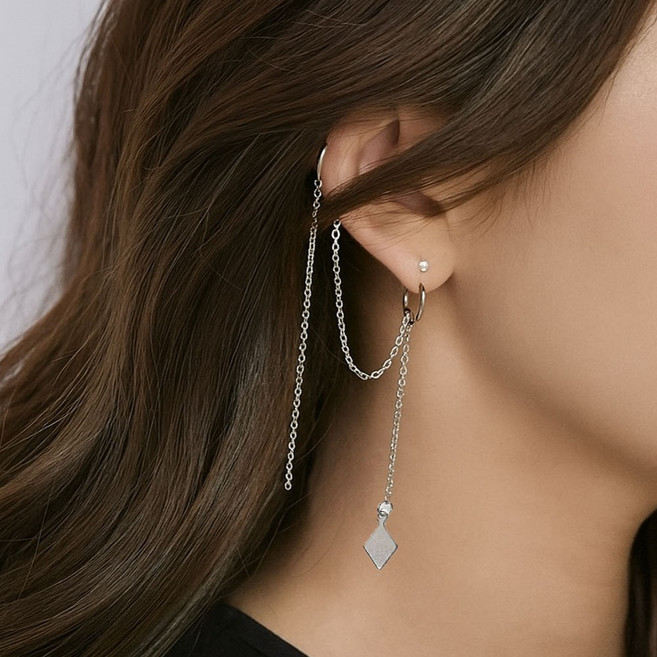 써지컬스틸 스퀘어 펜던트 체인 레이어드 드롭 원터치 링 투핀 투웨이 귀걸이 귀찌 피어싱 이어커프 힙합