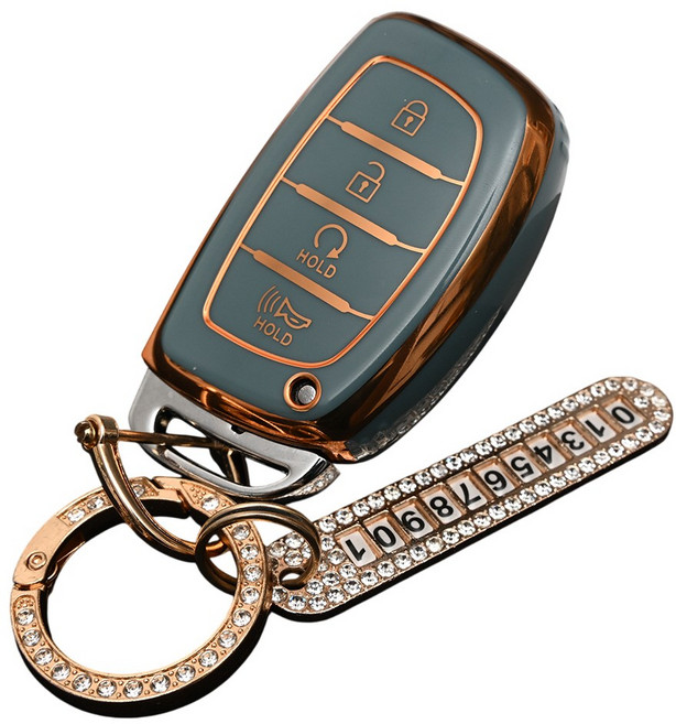 현대 소나타 아반떼MD 캐스퍼 투싼 호환 TPU 스마트키 차키케이스 키홀더 번호판 큐빅 키링, TA75_KH03, 그레이