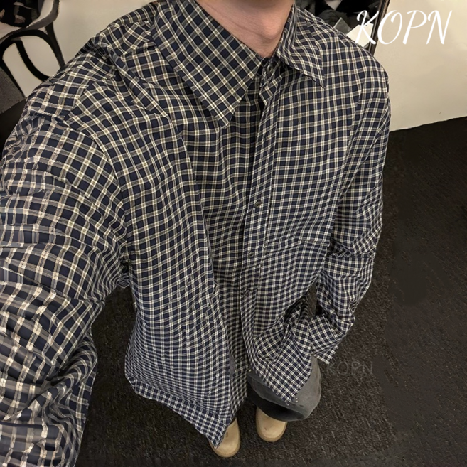 KOPN 블랙 체크 셔츠 남성용 봄가을 미국식 빈티지 체크 패턴 이너웨어 긴팔 셔츠터틀넥 코트