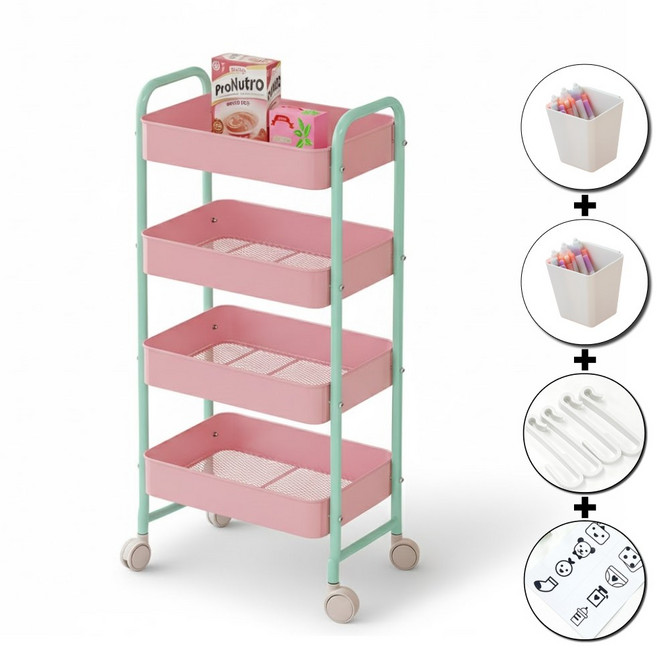 메종리케 철제 이동식 트롤리 서랍장 정리함 수납 주방 선반 이동용 수납장 다용도, 4단, 핑크+민트그린