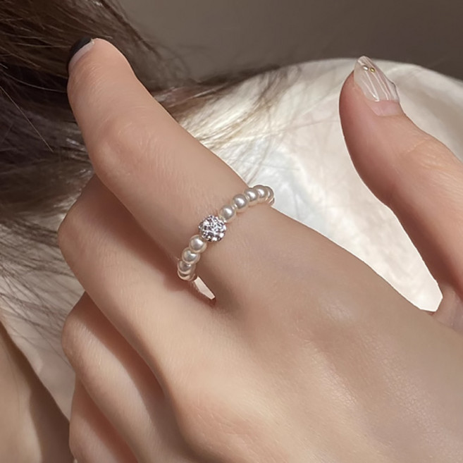여성 심플 데일리 레이어드 밴딩 진주 큐빅볼 반지 A920