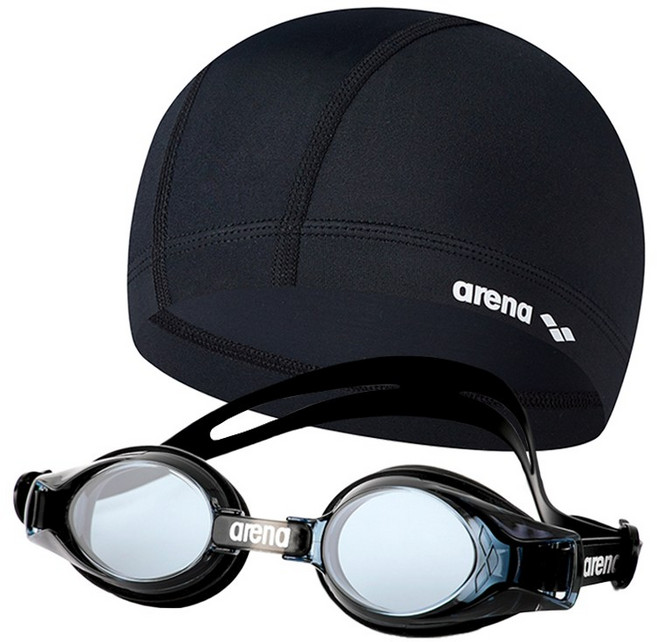 아레나 초등 유아동 주니어 생존수영 수경+수모 세트, 블랙세트, 1개
