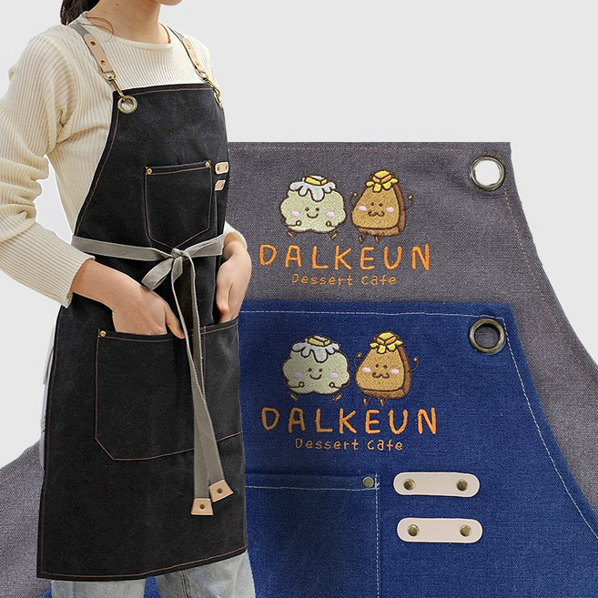 (무료 글자 자수) 빈티지 캔버스앞치마 미용 주방 카페앞치마 로고 이니셜, 블랙(M), 1개