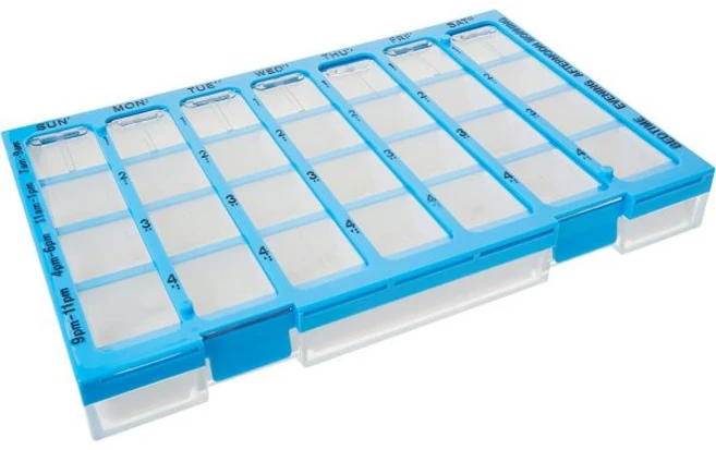 이지 도즈 알약 정리함 주간7일 메디신 플래너 비타민 박스 필 트레이 케이스가 있는 작은 수납공간 하루 4회 사용하기 쉬운 용기 투명 뚜껑 파란색 BPA 프리, Large, 1개 - 쿠팡