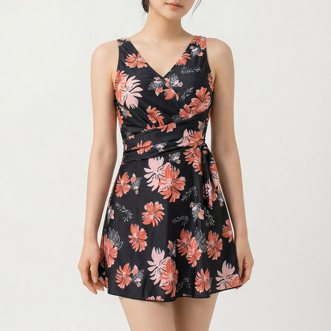 여성 원피스수영복 온천 실내수영복 워터파크 리조트 중년 빅사이즈 임산부 체형커버 뱃살커버 꽃무늬 치마형 일체형수영복, 하와이코랄