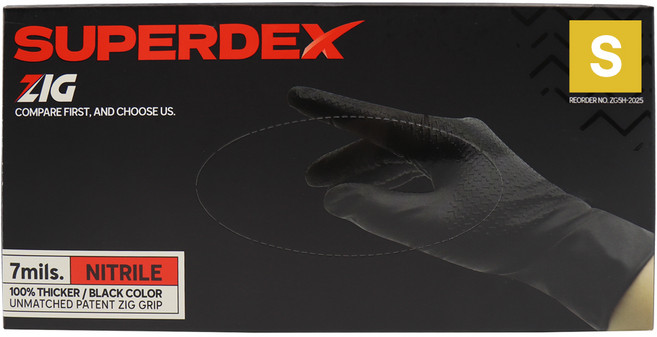 슈퍼덱스 ZIG 니트릴장갑 고무 파우더 프리 두꺼운 장갑 100매, 1개, 블랙, S
