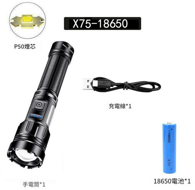 X75 鋁合金強光手電筒 P50 變焦 Type-C充電, X75鋁合金強光手電白盒裝, 1個