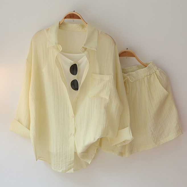 스카이코코 여성 투피스 긴팔 남방 밴딩 반바지 누아 셔츠 세트
