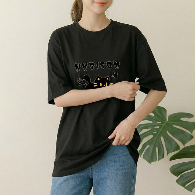 1장 (2장세트 장당7450) 스타일아유 여성 여름 오버핏 반팔 티셔츠 냥이 블랙캣 캐릭터 빅프린트 루즈핏 롱박스티 TS3931
