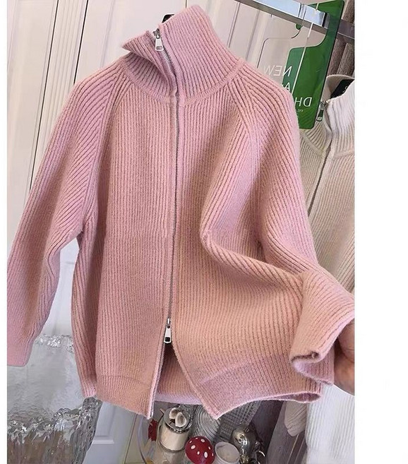 메인워크 중년여성 빅사이즈 터틀넥 니트 가디건 긴팔 가을 겨울 도톰 스웨터 빈티지 루즈핏 더블 집업 니트 아우터 코트