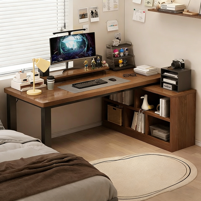 ㄱ자 코너 수납형 책상 책장 일체형 컴퓨터 테이블 학생 공부 다기능 책상, 다크브라운