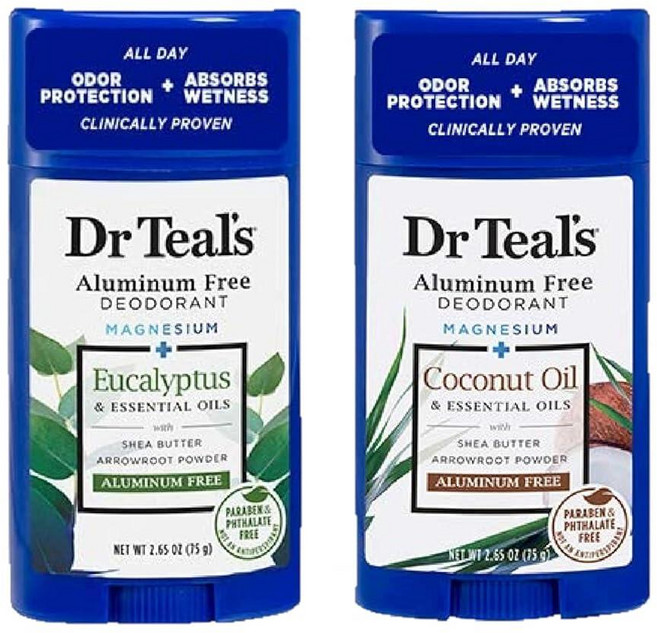Dr. Teals 데오도란트 버라이어티 선물 세트 (2팩 각 75.1g(2.5온스) - 유칼립투스 및 코코넛 오일 - 에센셜 오일 시어 버터 및 마그네슘은 수분을 흡수하고, Dr. Teals 데오도란트 버라이어티 선물 세트 (2, 75g