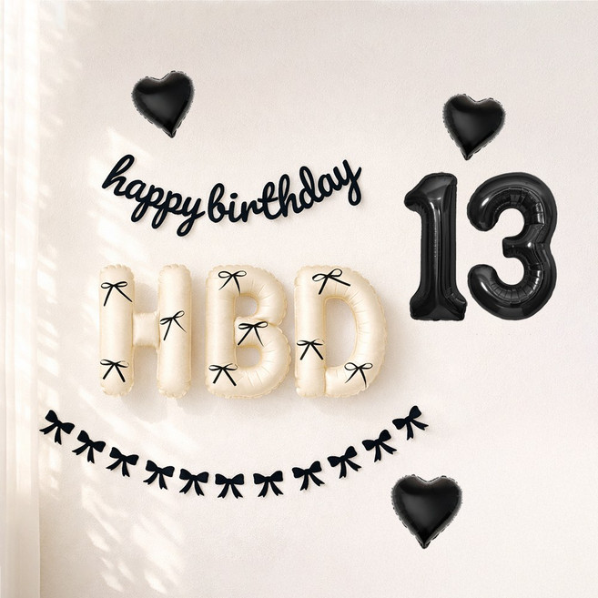 해피제이니 HBD 이니셜 생일 호일풍선 블랙 리본 생일가랜드 파티용품 세트, 1세트, 크림풀세트 숫자13