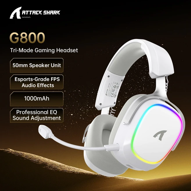 ATTACK SHARK G800 무선 게이밍 헤드셋 7.1 RGB 50mm 드라이버 2.4G/블루투스/유선 낮은 지연율 탈부착 가, 02 하얀색