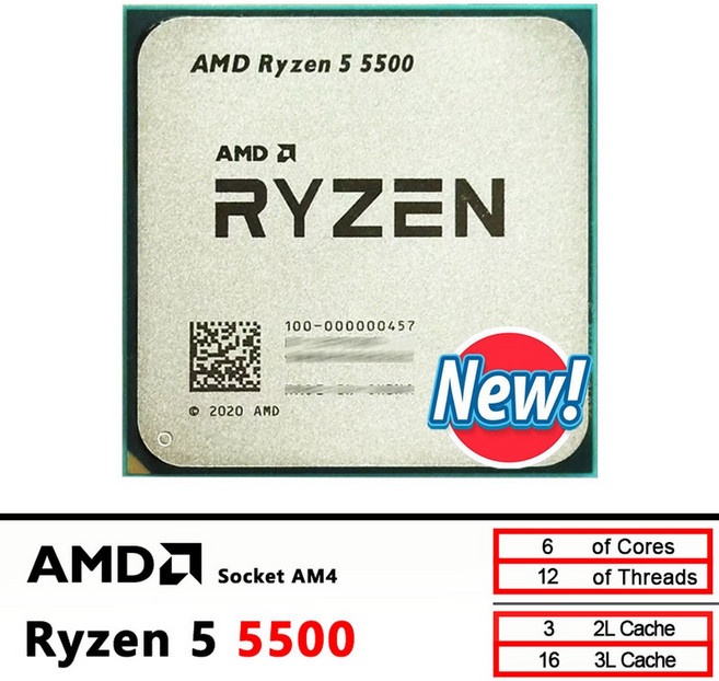 AMD 뉴 라이젠 AM4 소켓 프로세서 5500 CPU 5 (쿨러 R5 미포함), 01 R5 5500