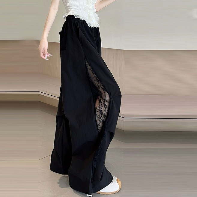 여성용 봄여름 하이웨스트 펀칭 레이스 스트랩 카고 와이드 밴딩 팬츠 얇은 댄스복 바지