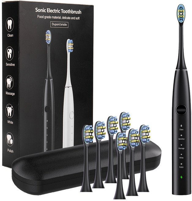 음파전동칫솔 초음파 전동칫솔 스마트 음파 전동칫솔 본체 전동칫솔 파워화이트닝 전동칫솔 전동칫솔 리필브러쉬 6개 여행가방, Black, 1개, X610