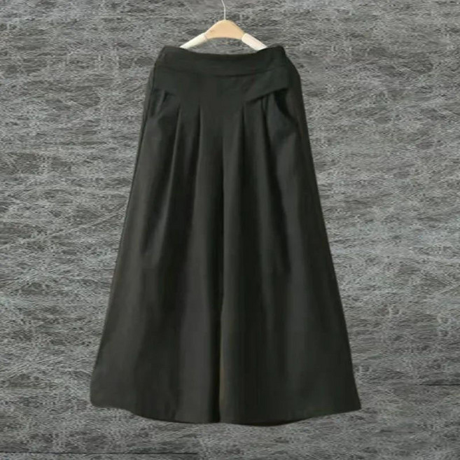 AOKADA 여성 린넨 스커트 팬츠 플리츠 하이웨스트 9부 와이드 치마 바지