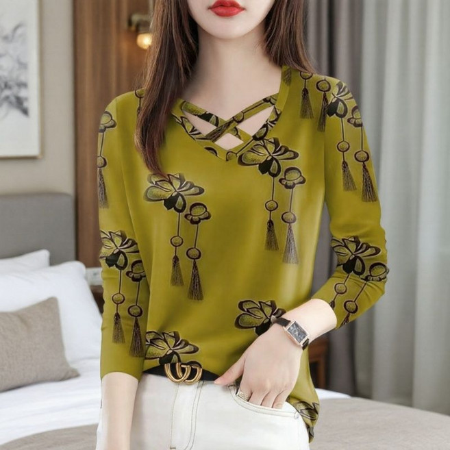 페이준 여성 봄가을 크로스 브이넥 긴팔티 빅사이즈 날씬해 보이는 블라우스 LN2875