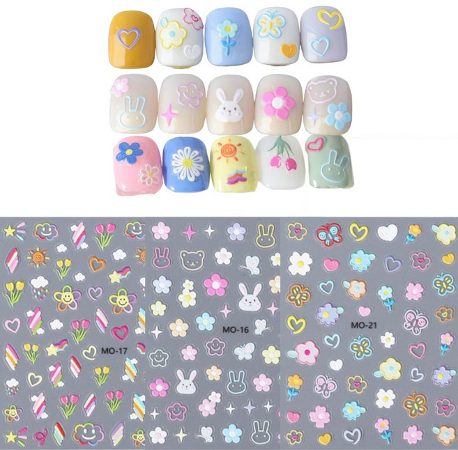 바이유즈 3D 엠보스티커 스프링컬렉션 네일스티커 가성비 3종, 파스텔래빗, 1개