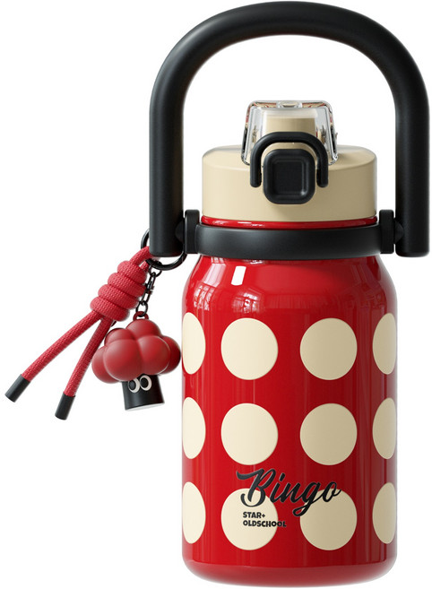 세다가 대용량 도트 텀블러 핸들형 보온보냉 316L 스테인리스 빨대컵, 1개, 1000ml, 붉은색