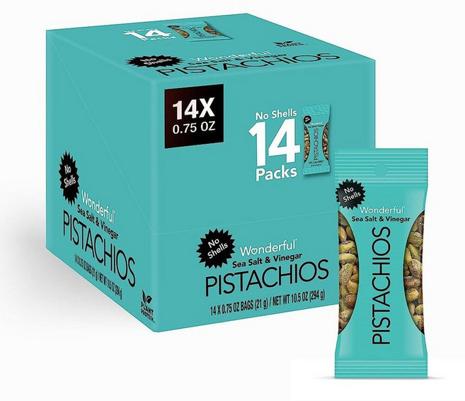 Wonderful Pistachios 껍질 없음 할라피뇨 라임 너트 21.3g(0.75온스) 백(14팩) 단백질 스낵 글루텐 프리 이동 중에도 개별 포장된 건강한 스낵, Sea Salt & Vinegar, 1개