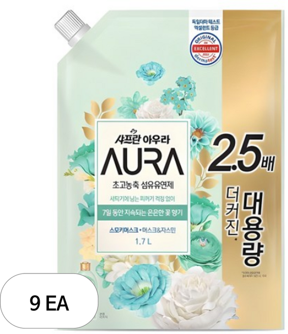 아우라 초고농축 섬유유연제 스모키머스크 리필, 1.7L, 9개