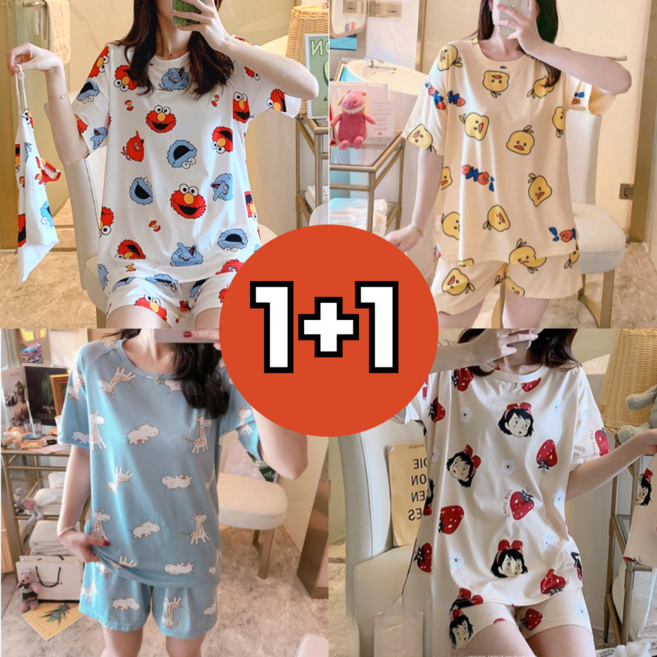 1+1(2세트) 소프트 12종 반팔 캐릭터 상하세트 여성 잠옷 파자마 홈웨어 수면 마켓엘리