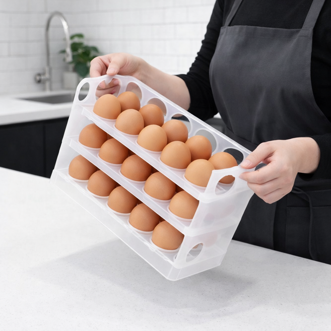 홈에이드 채우면정리완료 자동오픈 3단 30구 계란보관함, 1개, 화이트