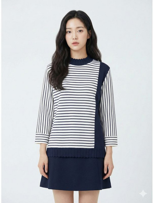 크로커다일레이디 네이비 스트라이프 언발란 티셔츠 CLCSTS104