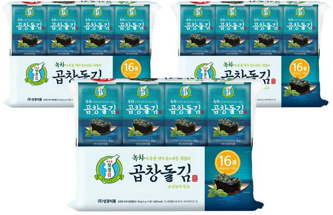 지도표 성경김 녹차 곱창김 곱창돌김 도시락 조미 식탁김 16봉 64g 3개